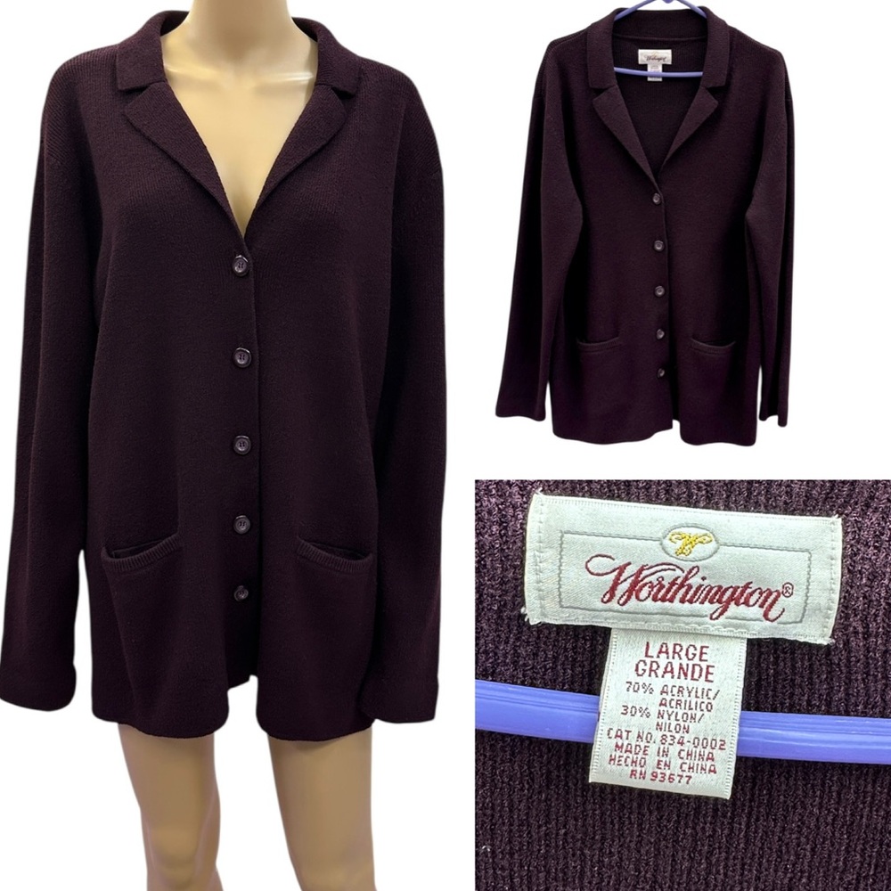 Vintage Worthington Burgundy Heavy Cardigan with Pockets Acrylic Nylon Womens L